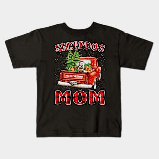 Christmas Sheepdog Mom Santa Hat Truck Tree Plaid Dog Mom Christmas Kids T-Shirt